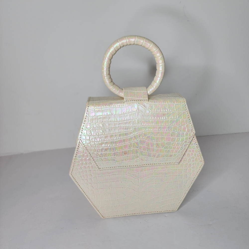 NWT Anima Iris Zuri Cream Croc Embossed Leather Top Handle Iridescent Bag